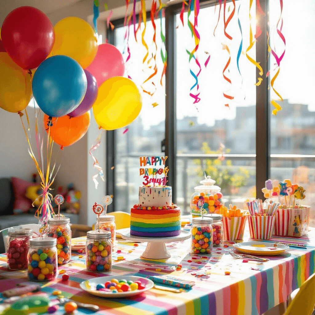 Capturing Moments: The Ultimate Guide to Number Balloon Photoshoots A lively children's birthday party in a modern apartment, featuring bright primary colors, rainbow balloons, a multi-colored cake, candy jars, and cheerful decorations, all illuminated by midday sunlight streaming through large windows.
