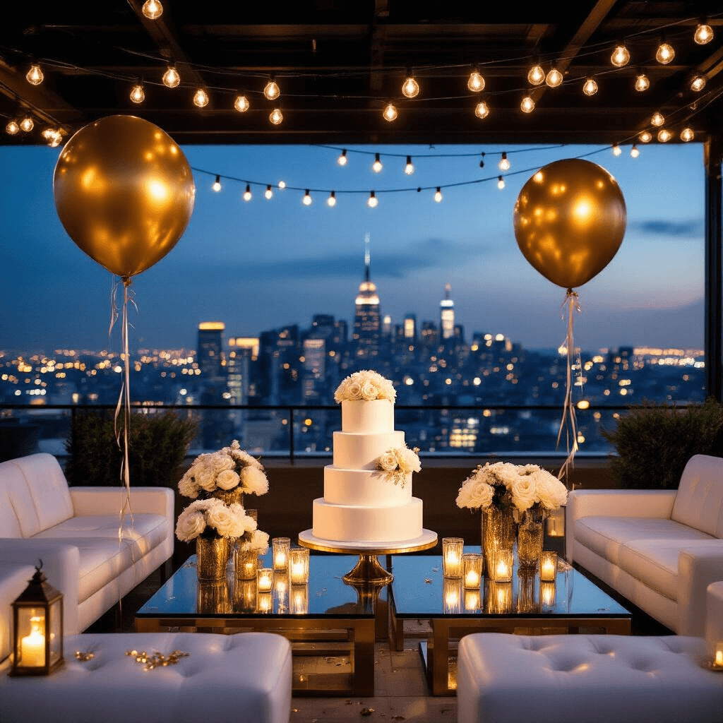 Capturing Moments: The Ultimate Guide to Number Balloon Photoshoots A luxurious rooftop terrace celebration at night, featuring sleek white leather furniture, gold and ivory floral arrangements, oversized champagne gold number balloons, a stunning two-tier naked cake with fresh roses, and ambient string lights, all set against a glittering city skyline.