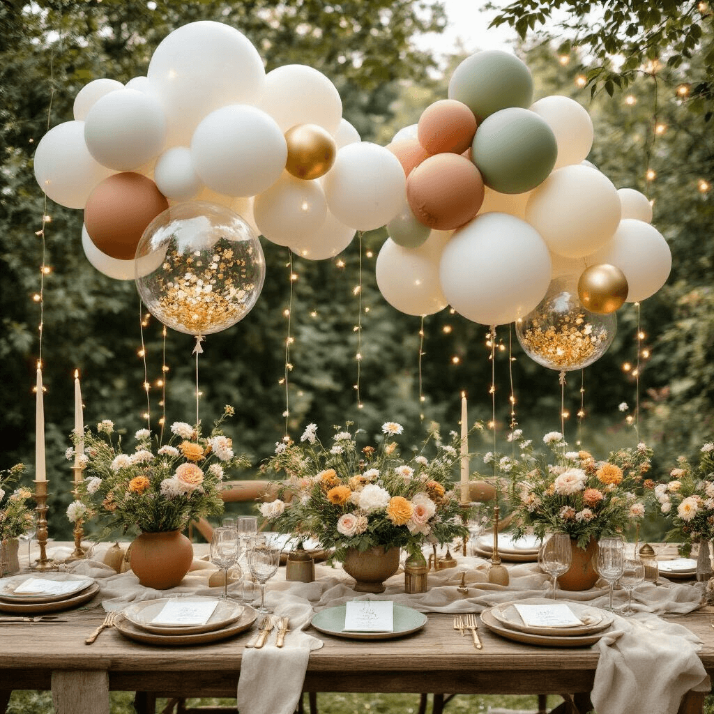 Aesthetic Balloon Decor: Transform Your Event with Stunning Balloon Designs Whimsical garden party setup with balloon cloud installations above rustic wooden tables adorned with earthy linens, wildflower centerpieces, and glowing fairy lights, captured in soft morning light.
