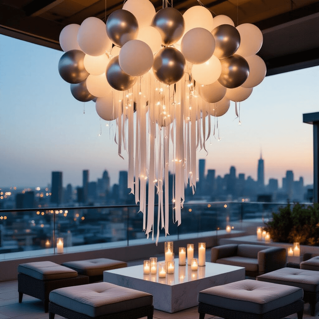 Aesthetic Balloon Decor: Transform Your Event with Stunning Balloon Designs Close-up of a sophisticated balloon chandelier installation featuring white and silver metallic balloons, LED fairy lights, and silk ribbon streamers, set in a modern rooftop terrace with intimate seating areas and a dramatic urban skyline backdrop during a candlelit evening.