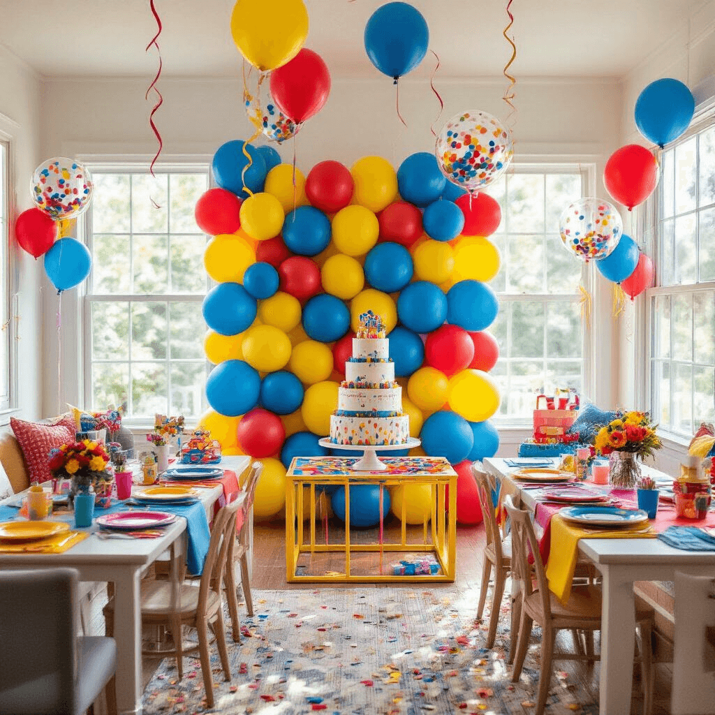 Aesthetic Balloon Decor: Transform Your Event with Stunning Balloon Designs A vibrant children's party setup in a cozy living room, featuring a playful balloon wall backdrop with bold primary colors, low tables with colorful linens, a tiered birthday cake on a balloon-framed stand, and a dedicated photo booth area adorned with personalized party favors. Natural sunlight bathes the scene, enhancing the joyful atmosphere.