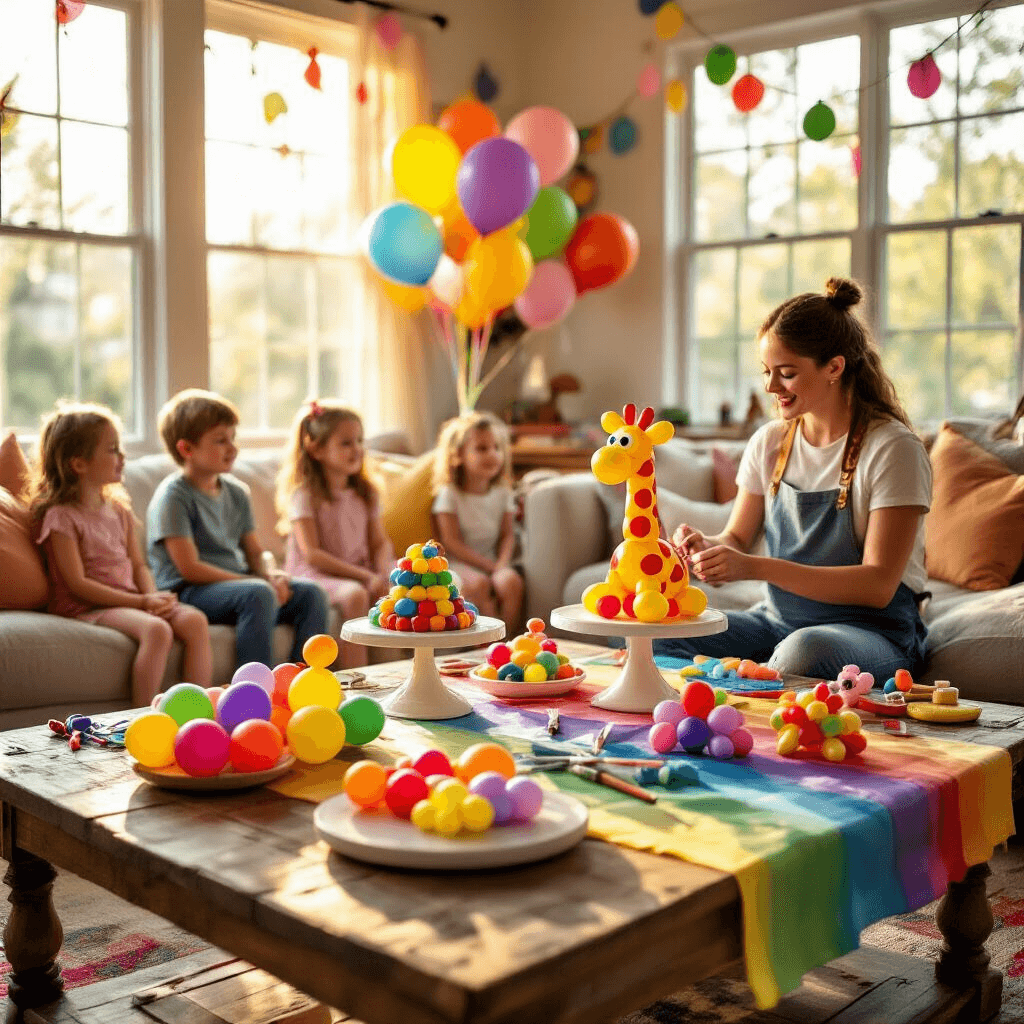 Balloon Twisting: The Ultimate Guide to Creating Magical Party Moments A cozy living room birthday party scene with children watching a professional balloon artist amidst vibrant 260Q balloons, twisted balloon animals on cake stands, colorful table runners, and soft afternoon sunlight illuminating the whimsical atmosphere created by pastel streamers and fairy lights.