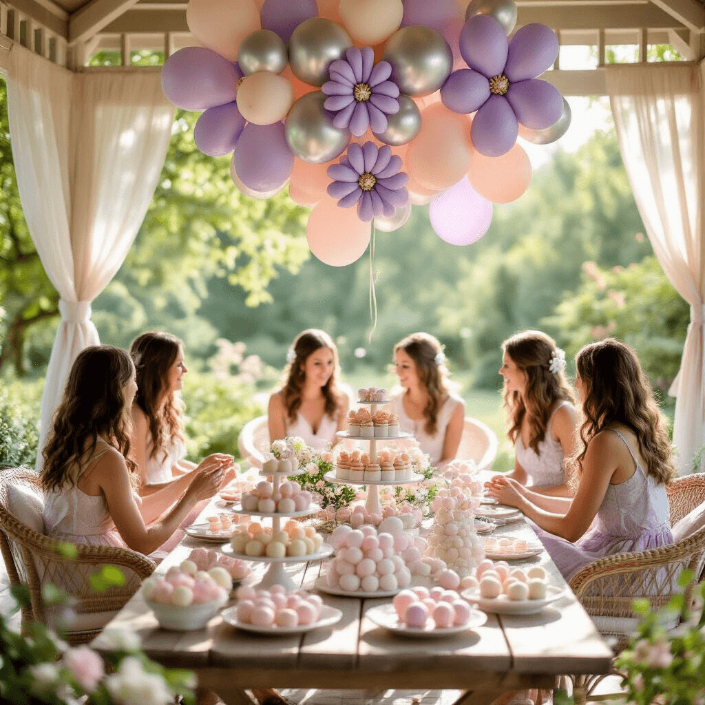 Balloon Twisting: The Ultimate Guide to Creating Magical Party Moments A sun-drenched garden pavilion hosts a whimsical baby shower, with pastel balloon twisting demonstrations and a vintage wooden picnic table adorned with balloon flowers in lavender and silver. Expectant mothers are seated on cushioned wicker chairs, surrounded by tiered dessert displays and sheer drapery filtering the light. The scene features custom party favors with balloon elements and fresh florals in soft pastels, while marble cake stands showcase step-by-step balloon twisting tutorials.