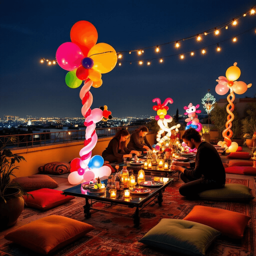 Balloon Twisting: The Ultimate Guide to Creating Magical Party Moments A beautifully decorated rooftop terrace at night, featuring intricate balloon sculptures created by professional artists. Close-up of balloon twisting techniques, with low tables surrounded by terracotta and sage floor cushions. Electric inflators and twisting kits on glass platters, alongside custom balloon installations and playful neon signage, complemented by intimate candle lighting.