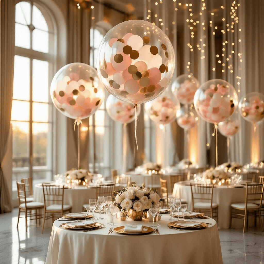 Confetti Balloons: The Ultimate Party Decoration Guide Photorealistic wide-angle shot of a luxurious indoor ballroom with transparent confetti balloons filled with blush pink, gold, and ivory paper, round tables dressed in silk ivory linens, and floral centerpieces, all illuminated by warm golden hour sunlight streaming through tall windows, reflecting on a polished marble floor.