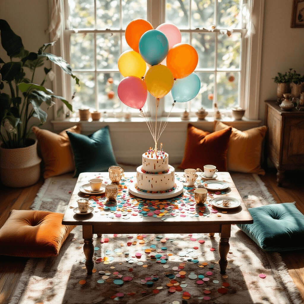 Confetti Balloons: The Ultimate Party Decoration Guide Intimate overhead view of a whimsical birthday celebration setup in a cozy living room, featuring a low wooden coffee table with multicolored confetti balloons, a tiered birthday cake, personalized party favors, scattered rainbow tissue paper confetti, silk ribbons, and jewel-toned velvet floor cushions, all bathed in soft morning light.