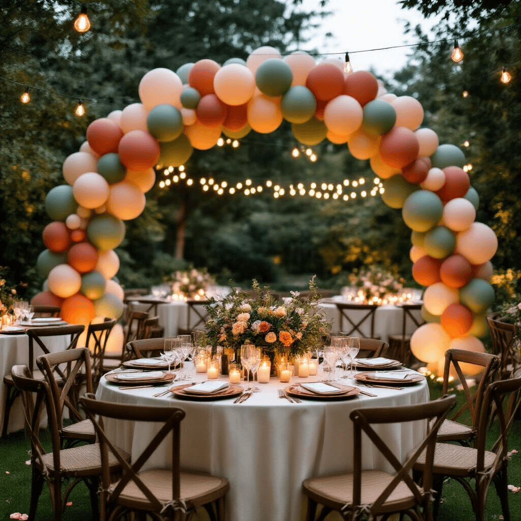 Confetti Balloons: The Ultimate Party Decoration Guide Candlelit romantic garden wedding reception featuring oversized sage green and terracotta confetti balloons arch, elegantly dressed round tables with cream linen runners, wooden charger plates, copper flatware, fresh wildflower centerpieces, string lights, and pillar candles, creating a warm atmosphere with scattered rose petals on the grass.
