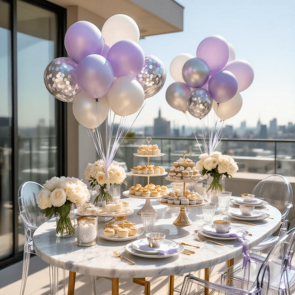 Confetti Balloons: The Ultimate Party Decoration Guide Elegant rooftop baby shower setup featuring a dessert cart with lavender and silver confetti balloons, tiered cake stands with pastries, silk ribbon details, personalized bubble balloons, and white peonies in crystal vases, surrounded by modern acrylic chairs and a glass dining table under soft sunlight.
