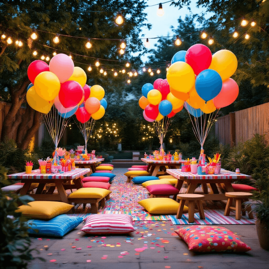 Confetti Balloons: The Ultimate Party Decoration Guide Vibrant children's birthday party in a stylish backyard, featuring balloon bouquet stations, picnic-style tables with striped linens, oversized cushions, DIY confetti-making stations, neon signage, and a confetti balloon arch, all illuminated by string lights in an evening setting.