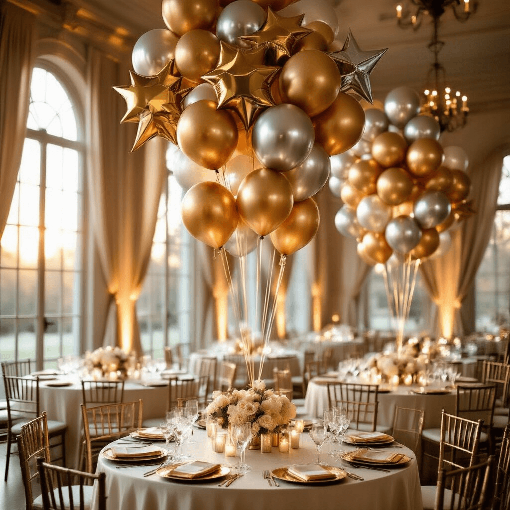 Star Balloons: The Ultimate Guide to Elevating Your Event Decor Elegant indoor ballroom at golden hour with metallic star balloons, ivory silk table linens, rose gold centerpieces, crystal glassware, and candlelight. Dramatic sunlight creates shimmer effects, framed by sheer champagne drapery and twinkling LED lights.