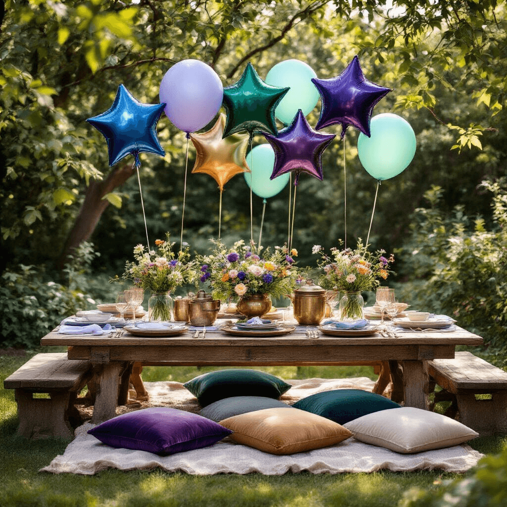Star Balloons: The Ultimate Guide to Elevating Your Event Decor Overhead view of a whimsical garden party setup featuring rustic wood tables adorned with jewel-toned star balloons, vintage brass serving pieces, and wildflower arrangements in mason jars, surrounded by velvet cushions, with soft morning light creating dappled shadows.