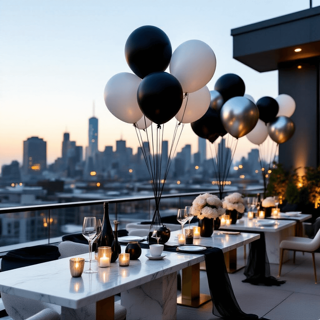 Star Balloons: The Ultimate Guide to Elevating Your Event Decor Close-up of a modern rooftop terrace adorned with a sophisticated monochrome balloon installation in matte black, silver, and white. Marble cocktail tables with geometric brass legs display tiered balloon arrangements, while string lights provide warm lighting against the city skyline. The scene includes stylish glassware and ceramic serving pieces, illuminated tea light candles, dramatic chiffon table runners, and LED uplighting highlighting balloon clusters.