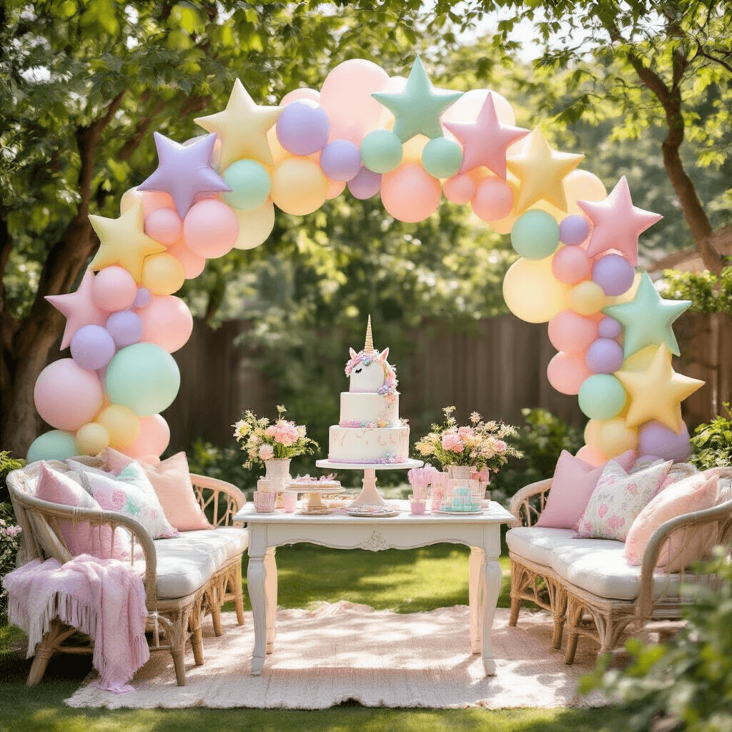 Star Balloons: The Ultimate Guide to Elevating Your Event Decor A whimsical children's birthday party set in a stylish backyard, featuring pastel star balloons creating magical arches, a tiered unicorn-themed cake on a vintage dessert table, and comfortable seating with colorful pillows, all illuminated by midday sun filtering through trees.