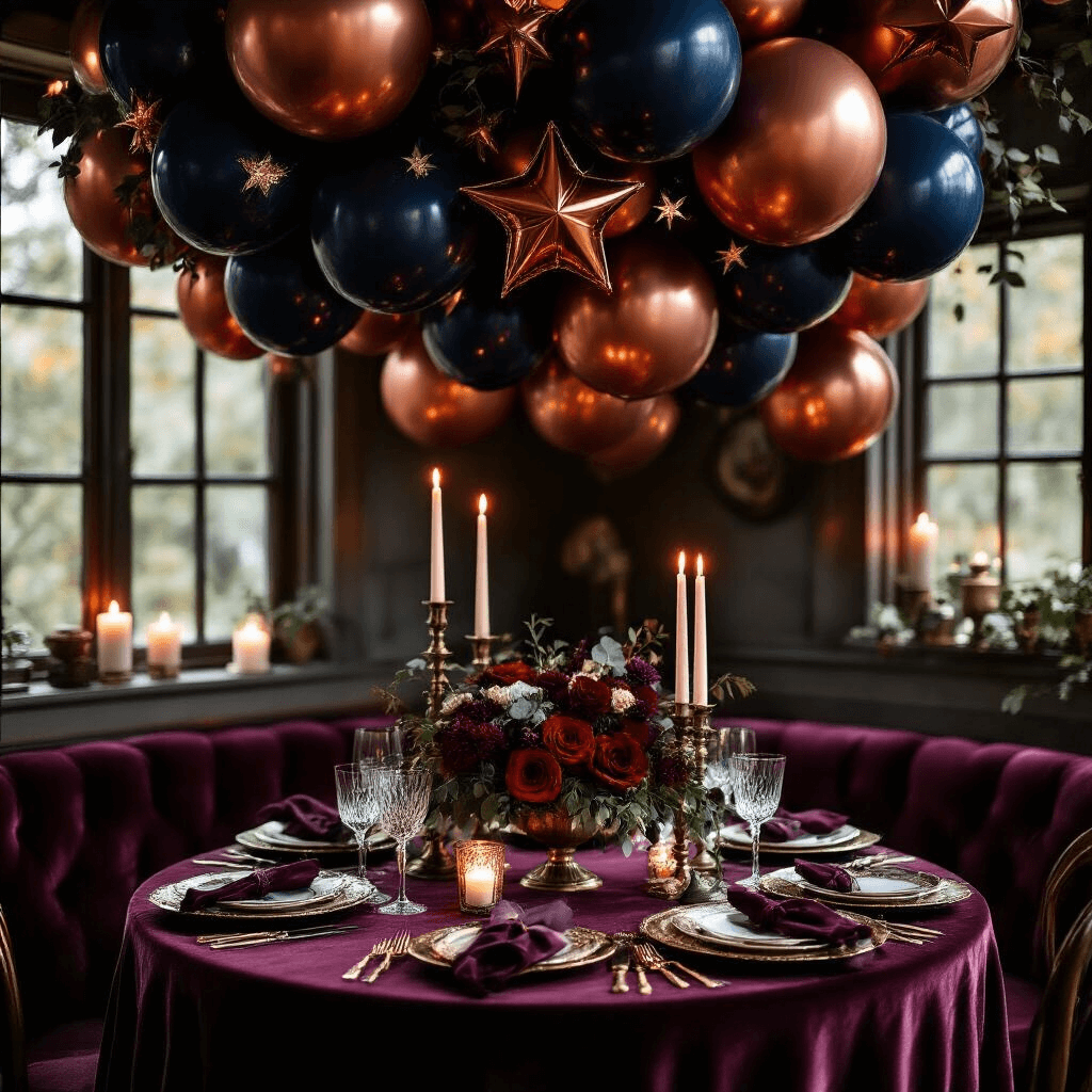 Star Balloons: The Ultimate Guide to Elevating Your Event Decor A moody candlelit dining nook with a romantic celestial theme, featuring burgundy, navy blue, and copper star balloons overhead, a small round table with velvet linens, vintage brass charger plates, crystal stemware, ornate candelabras, lush dark floral centerpieces, and varied-height pillar candles, all creating an enchanting, luxurious atmosphere.