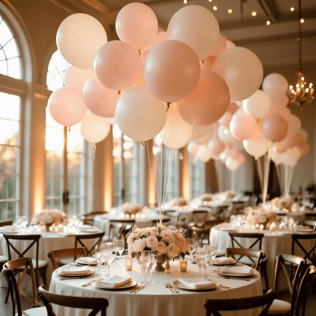Tulle Balloons: The Ultimate Guide to Elegant Event Styling A luxurious indoor ballroom decorated for a wedding reception, with blush pink and ivory tulle-wrapped balloons floating above round tables adorned with silk ivory linens, crystal glassware, and lush white floral centerpieces, all illuminated by soft natural sunlight streaming through tall arched windows, creating a romantic ambiance enhanced by fairy lights.