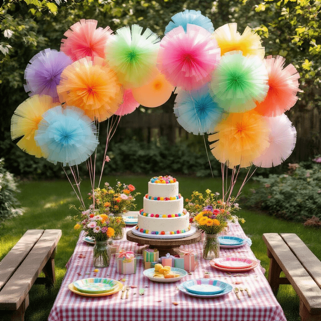 Tulle Balloons: The Ultimate Guide to Elegant Event Styling A whimsical outdoor garden birthday celebration featuring vibrant tulle balloons in primary colors, a three-tier cake on a vintage stand, wildflowers in mason jars, and a picnic setup with gingham runners and colorful plates, all captured in soft morning light from an overhead angle.