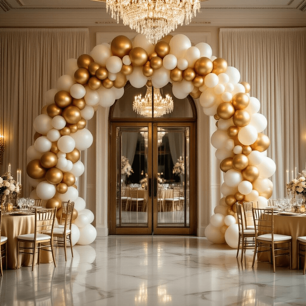 Prom Balloons: The Ultimate Guide to Creating Unforgettable Event Decor Wide-angle shot of an elegant ballroom entrance featuring a metallic gold and ivory balloon arch framing ornate double doors, with cascading balloon clusters. Soft lighting from chandeliers reflects off iridescent balloons, complemented by cream silk drapery and gold-linened cocktail tables with balloon centerpieces, all set on polished marble floors.