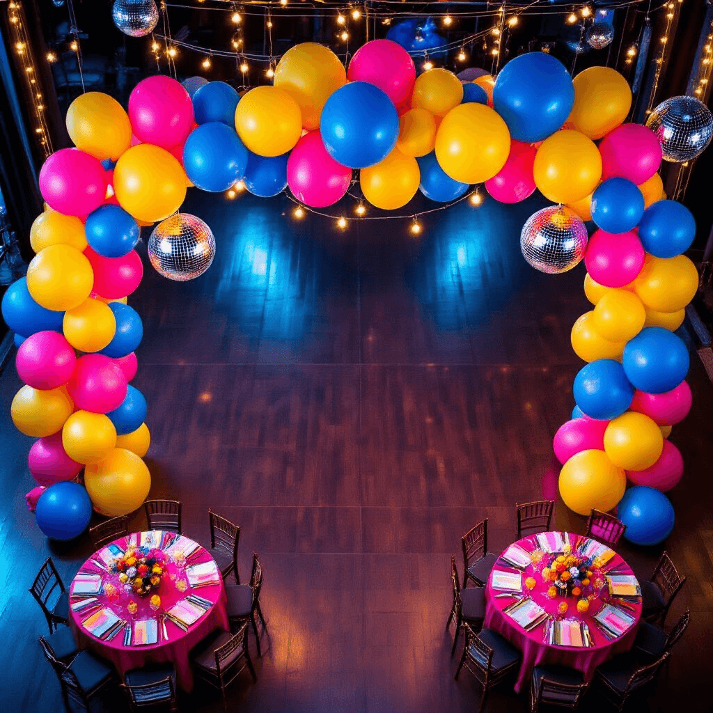 Prom Balloons: The Ultimate Guide to Creating Unforgettable Event Decor Overhead shot of a vibrant dance floor with bold primary color balloon clusters, LED lights creating an ambient glow on a dark wooden floor, asymmetrically mixed metallic and latex balloons, sheer fabric draping, disco ball reflections, and round tables with colorful linens and balloon weight centerpieces.