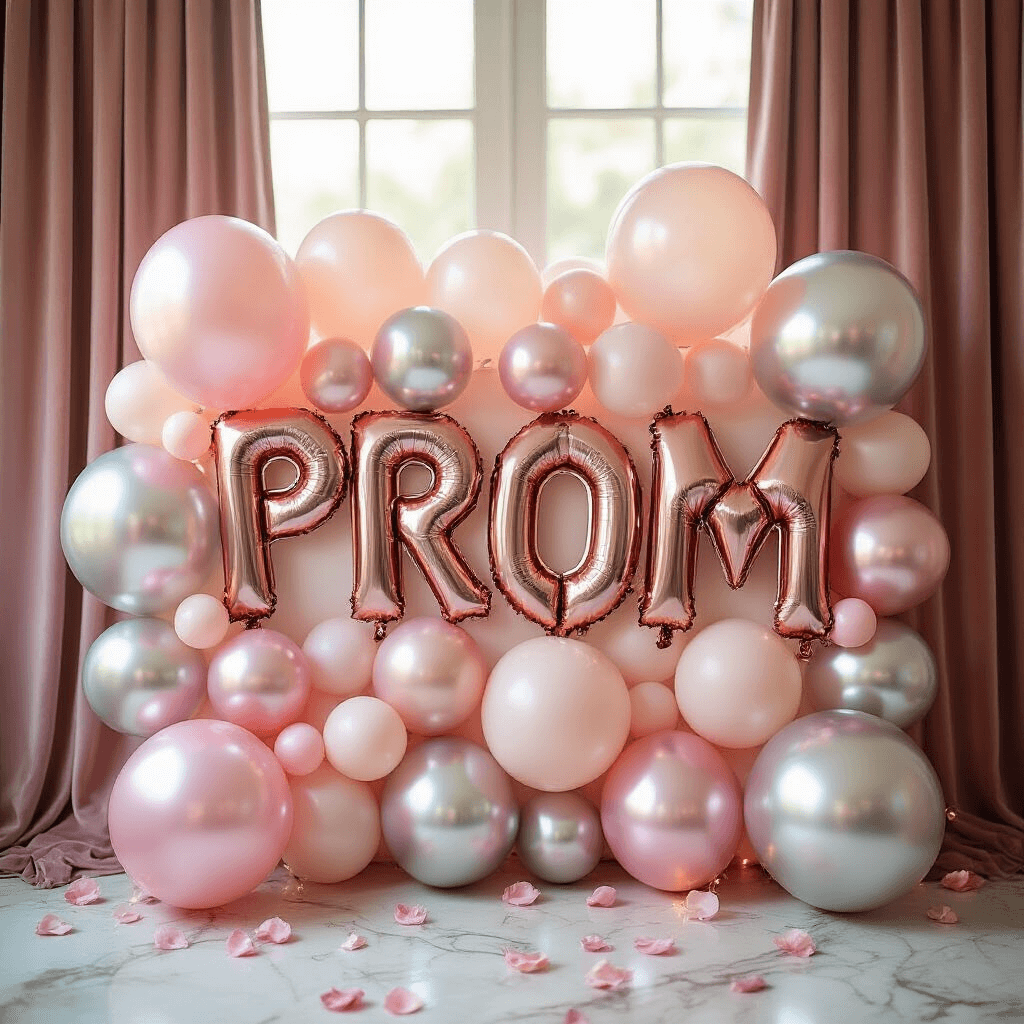Prom Balloons: The Ultimate Guide to Creating Unforgettable Event Decor Close-up of a balloon wall in blush pink and silver with holographic and metallic balloons, featuring custom 'PROM' letter balloons, delicate ribbons, and LED lights, set against luxurious dusty rose velvet curtains and scattered rose petals on a marble surface.