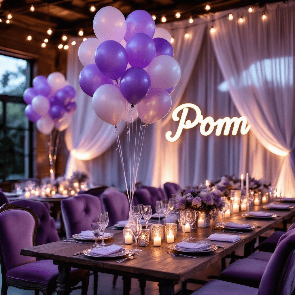 Prom Balloons: The Ultimate Guide to Creating Unforgettable Event Decor Intimate prom setup with lavender and silver balloon clusters illuminated by fairy lights and candles, featuring vintage wooden tables, velvet seating, glassware, mercury glass balloon weights, sheer drapery, and custom balloon signage.