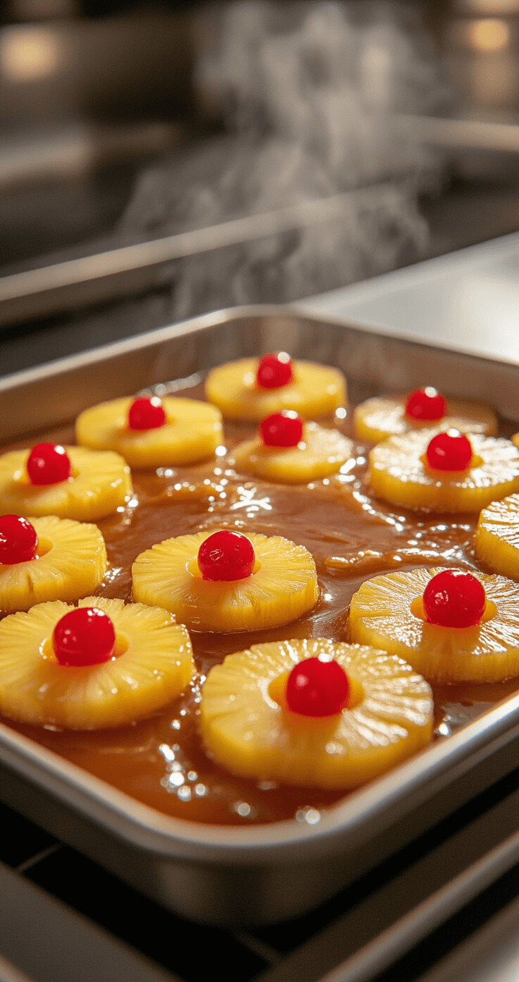 Pineapple Upside-Down Wedding Cake: A Tropical Celebration Showstopper Close-up shot of golden butter and brown sugar caramelizing in a cake pan, adorned with arranged pineapple rings and red maraschino cherries, with warm lighting and steam in a professional kitchen.
