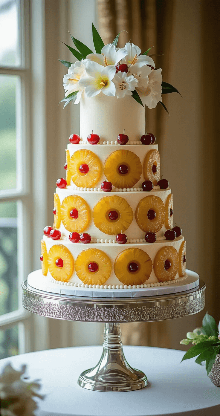 Pineapple Upside-Down Wedding Cake: A Tropical Celebration Showstopper Majestic multi-tiered pineapple upside-down wedding cake on a silver stand, featuring caramelized pineapple rings and cherries, adorned with pearl-white buttercream, tropical flowers, and gold accents, set in a luxurious venue with soft natural light.