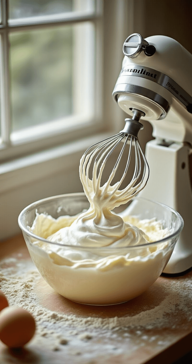 Mango Coconut Chiffon Wedding Cake: A Tropical Masterpiece Close-up of glossy meringue being folded into pale yellow cake batter with a stainless steel spatula, highlighted by soft natural light from a kitchen window, featuring a professional stand mixer nearby.