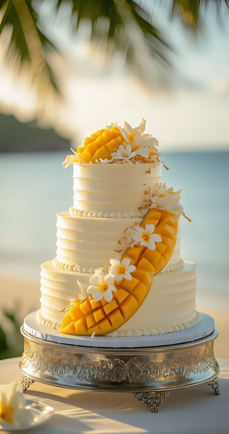 Mango Coconut Chiffon Wedding Cake: A Tropical Masterpiece Stunning three-tiered wedding cake with coconut cream frosting, fresh mango slices, and toasted coconut flakes, displayed on a silver stand against a soft-focus tropical beach, featuring golden hour lighting and delicate sugar flowers.