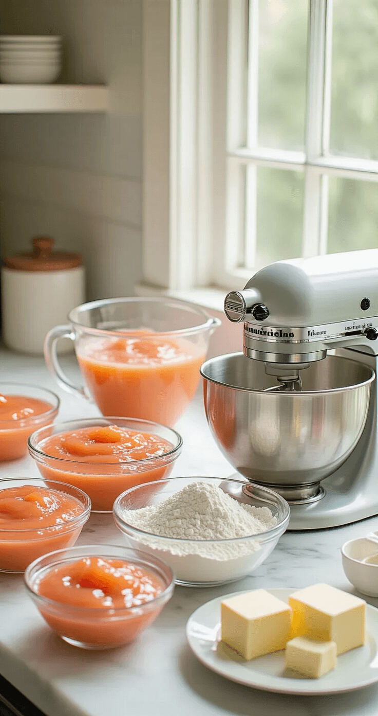 Guava and Cream Cheese Wedding Cake: A Tropical Dream Dessert A sunlit professional kitchen with a marble countertop displaying ingredients for a guava wedding cake, including vibrant pink guava puree, sifted flour, pristine egg whites, soft butter, and cream cheese, alongside a stand mixer.
