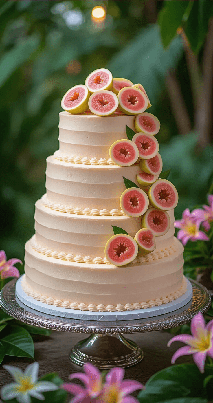 Guava and Cream Cheese Wedding Cake: A Tropical Dream Dessert Elegant three-tiered wedding cake on a silver platter, featuring pale pink layers, cream cheese frosting, and fresh guava slices, set against a soft-focus tropical garden with evening lighting.