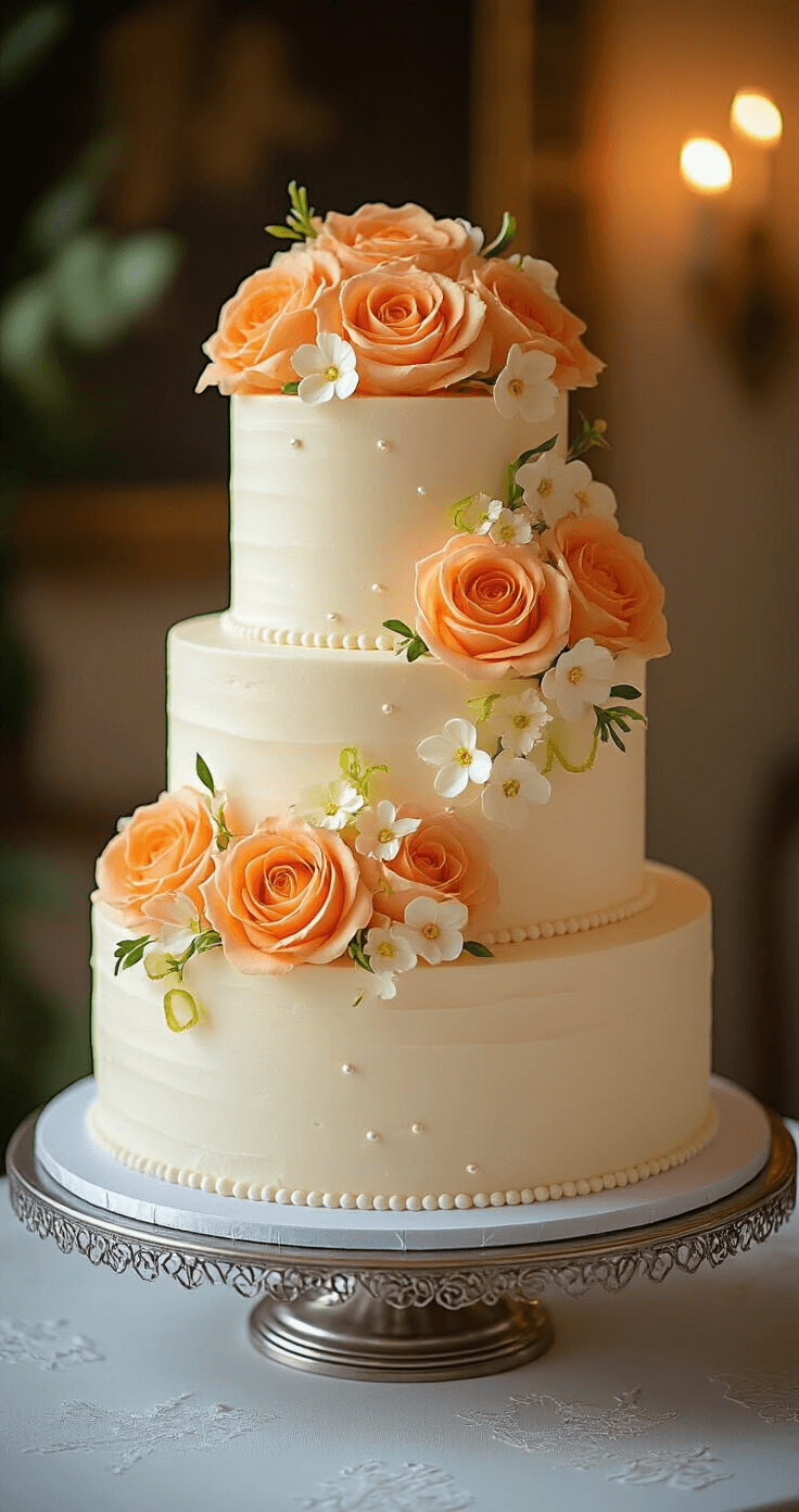 Tropical Papaya Lime Wedding Cake: A Luxurious Celebration Dessert An elegant three-tiered wedding cake on a silver stand, adorned with cream-colored buttercream frosting, fresh papaya rosettes, lime zest curls, and delicate coral and ivory edible flowers, illuminated by warm ambient lighting.