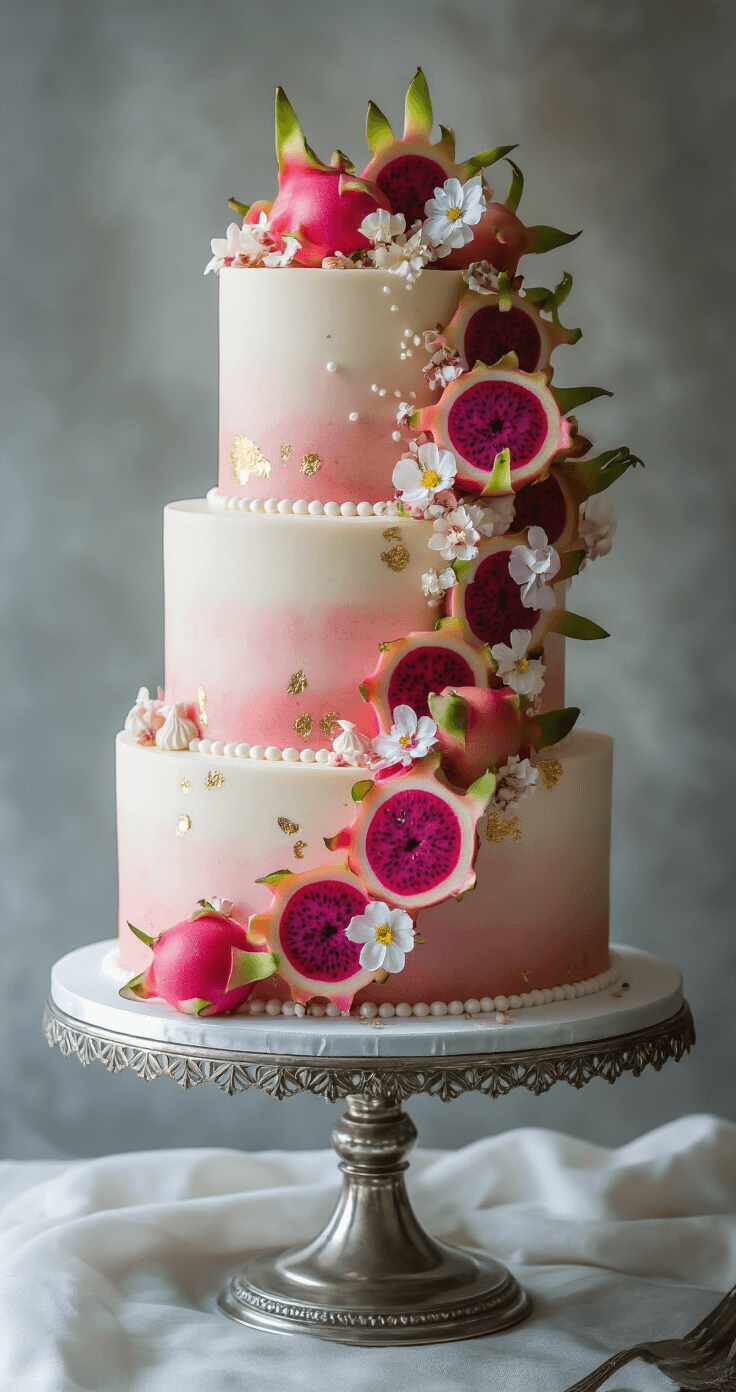 Dragonfruit Vanilla Wedding Cake: A Tropical Masterpiece for Your Special Day Elegant three-tier wedding cake with blush-toned ombré dragonfruit design, adorned with fresh dragonfruit slices, edible flowers, gold leaf, pearl dragées, and meringue kisses, displayed on an antique silver stand in soft lighting with a misty background.
