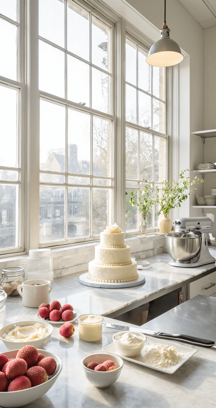 Coconut Lychee Wedding Cake Recipe Professional baking studio filled with natural light, showcasing a stainless steel workstation with fresh lychees, coconut cream, and premium cake ingredients, alongside a stand mixer on marble countertops.