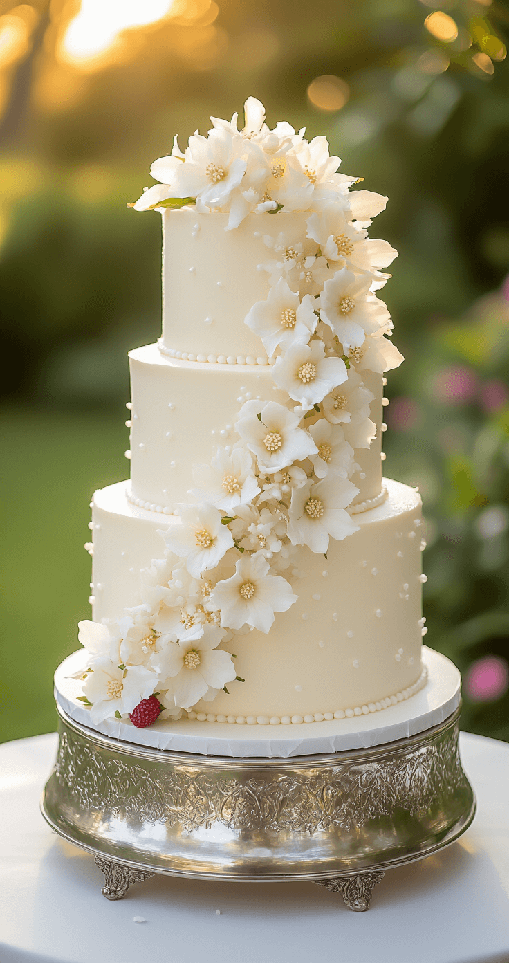 Coconut Lychee Wedding Cake Recipe Elegant three-tiered white coconut-lychee wedding cake on a silver stand, adorned with sugar flowers and fresh lychees, set against a soft-focus garden backdrop.
