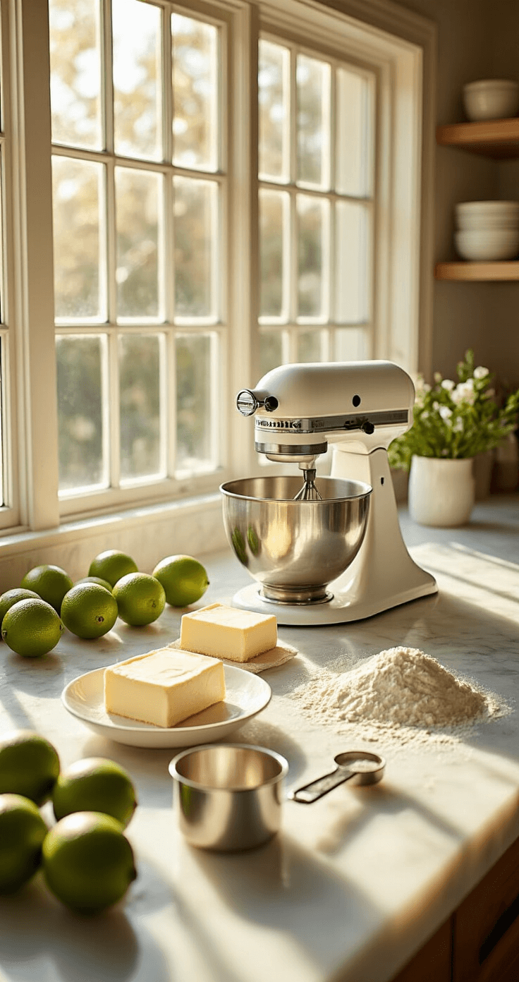 Key Lime Wedding Cake: A Tropical Celebration of Flavor A sunlit professional kitchen with a marble countertop displaying ingredients for a key lime wedding cake, including fresh key limes, cream cheese, and measuring cups, with a stand mixer in the background.