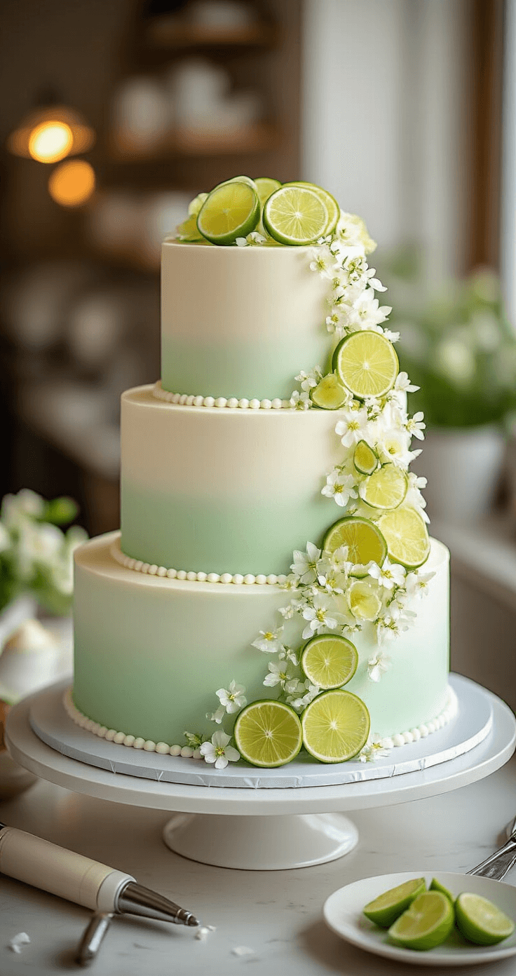 Key Lime Wedding Cake: A Tropical Celebration of Flavor A three-tiered wedding cake with mint-green to white ombré frosting, decorated with lime slices and edible flowers, on a rotating stand in a bakery, with warm lighting and piping tools nearby.