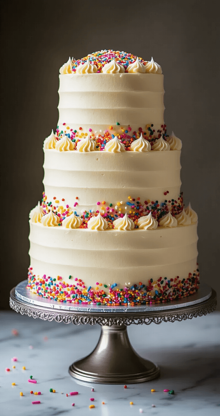 Ultimate Funfetti Sprinkle Birthday Cake: A Colorful Celebration Masterpiece A three-layer funfetti cake on a silver cake stand, featuring a smooth vanilla buttercream finish and adorned with rainbow sprinkles, photographed at a 45-degree angle on a marble surface with soft, diffused lighting.
