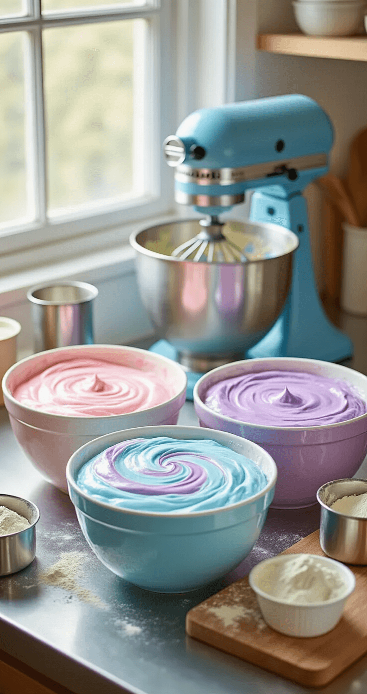 Cotton Candy Birthday Cake: A Whimsical Celebration Dessert A professional kitchen featuring three bowls of vibrant marbled cake batters in pastel pink, blue, and violet, illuminated by natural light, with a stand mixer and flour-dusted measuring cups in the background.