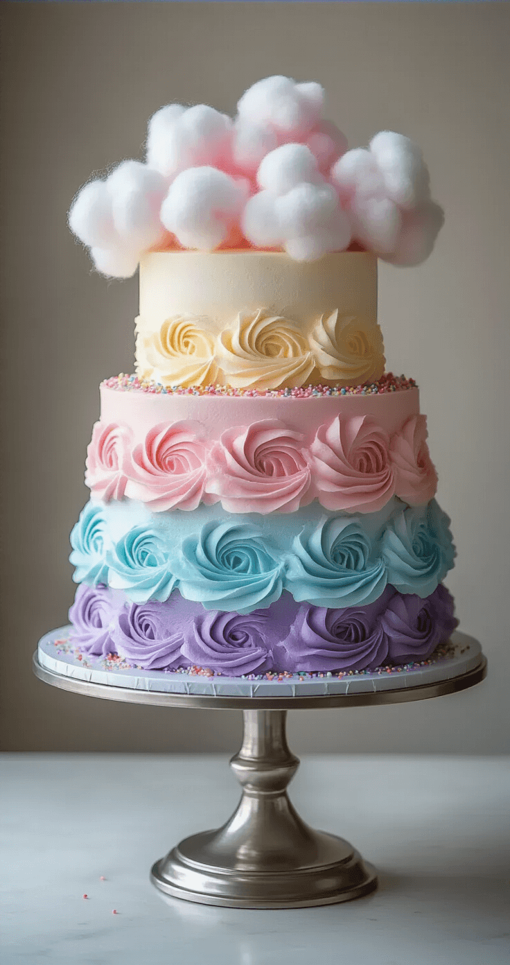 Cotton Candy Birthday Cake: A Whimsical Celebration Dessert A multi-layered cotton candy cake with ombré pastel buttercream swirls on a silver cake stand, adorned with fresh cotton candy and decorative sprinkles, illuminated by soft studio lighting.