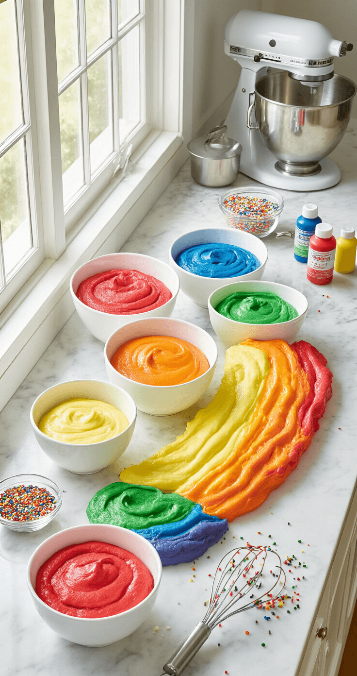 Rainbow Layer Birthday Cake: A Colorful Celebration Masterpiece A professional kitchen featuring six white mixing bowls arranged in a rainbow formation, each filled with colorful cake batter. Natural light enhances the scene, illuminating stainless steel equipment and scattered sprinkles on a marble countertop.