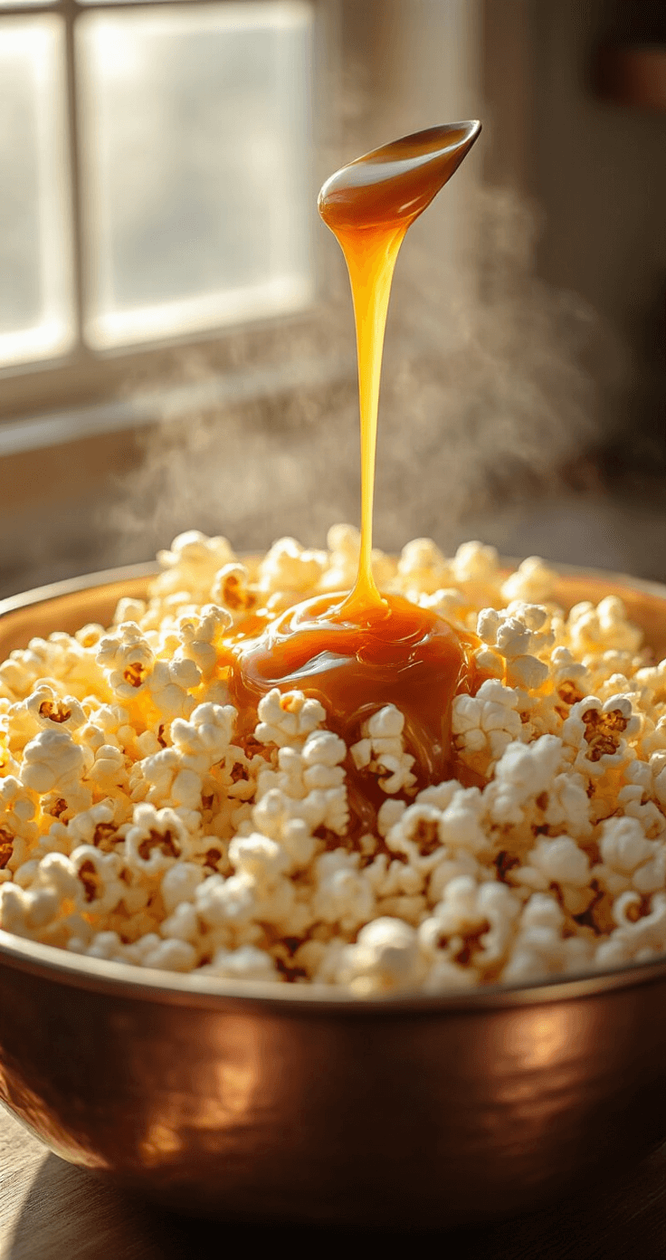 Popcorn Caramel Birthday Cake: A Showstopping Celebration Dessert Cinematic close-up of amber caramel being poured over fresh popcorn in a copper bowl, illuminated by golden afternoon light, with steam rising and salt crystals sparkling on the popcorn.