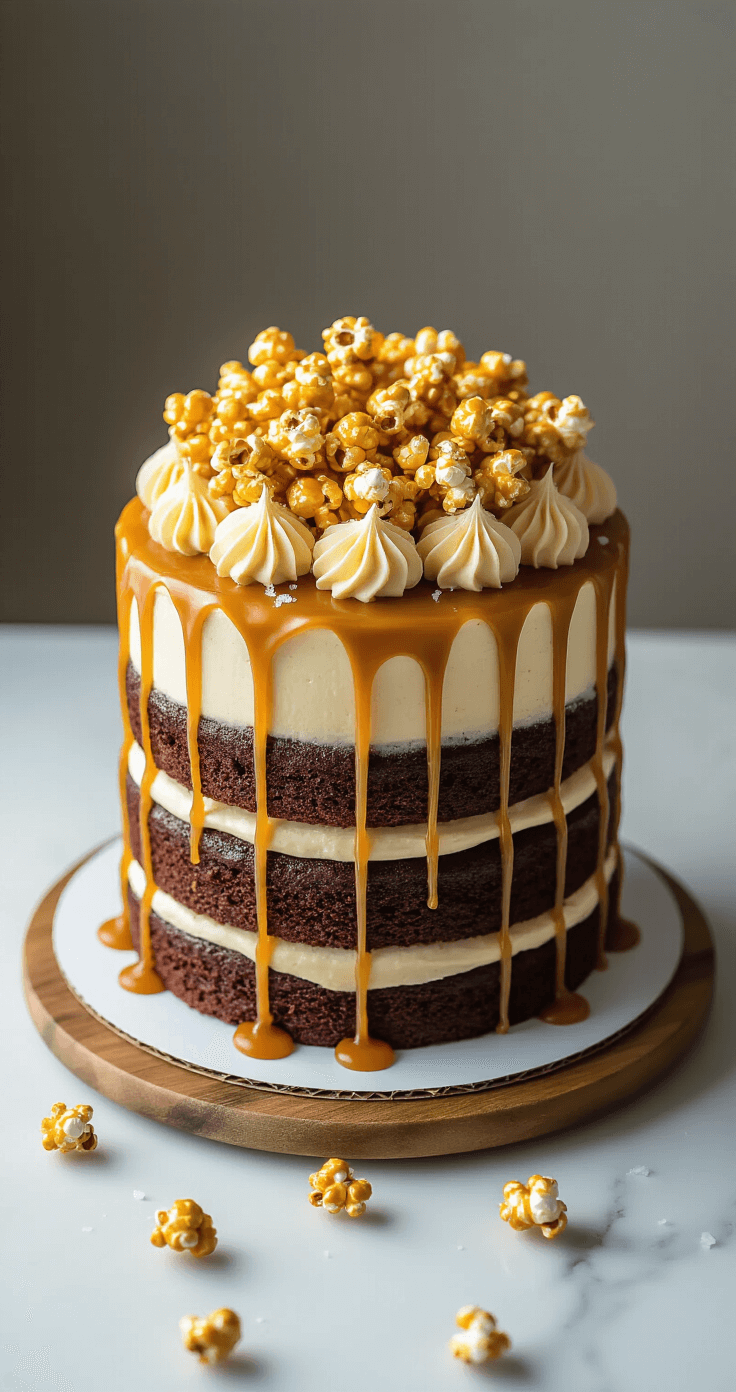 Popcorn Caramel Birthday Cake: A Showstopping Celebration Dessert Overhead view of a three-layer chocolate cake with caramel drips and buttercream frosting, topped with caramel-coated popcorn and sea salt flakes, on a marble countertop.