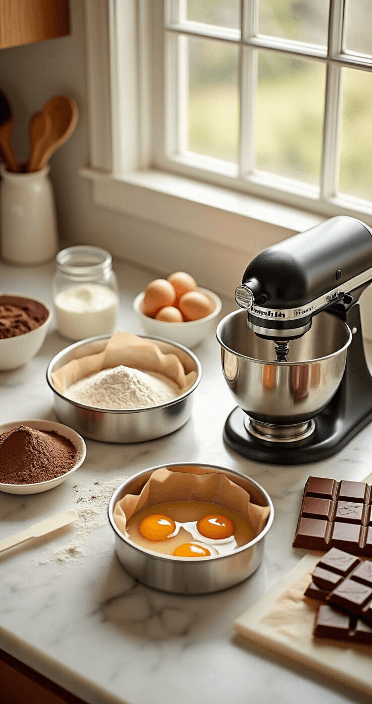 Candy Bar Birthday Cake: The Ultimate Celebration Dessert Overhead view of a pristine kitchen workspace featuring a professional stand mixer, measured ingredients like cocoa powder and eggs, two lined cake pans, and neatly arranged candy bars on a marble cutting board, all in soft natural light.