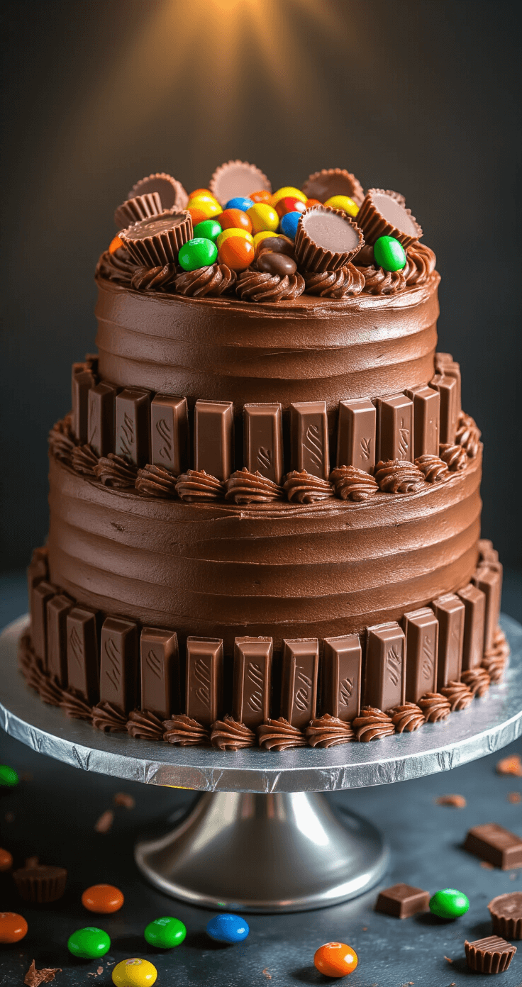 Candy Bar Birthday Cake: The Ultimate Celebration Dessert Close-up of a towering three-layer chocolate cake on a silver cake stand, decorated with chocolate buttercream, Kit Kats on the sides, and halved Reese's cups and M&M's on top, illuminated by warm spotlight lighting.