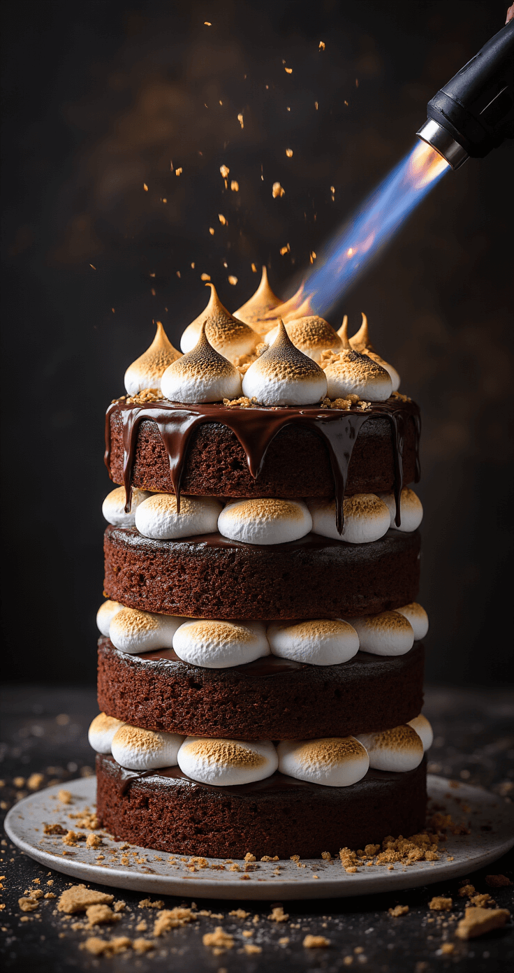 Ultimate S'mores Birthday Cake: A Campfire Classic Meets Decadent Dessert A dramatic close-up of a three-layer chocolate cake with glossy ganache and toasted marshmallow filling, topped with golden-brown peaks from a culinary torch, surrounded by graham cracker crumbs and melted chocolate drips on a dark background.