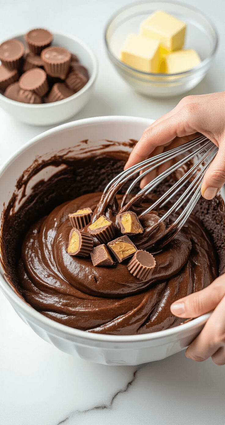 Decadent Peanut Butter Cup Birthday Cake: A Chocolate Lover's Dream Close-up of hands mixing chocolate cake batter with chunks of Reese's Peanut Butter Cups in a glossy white bowl, surrounded by ingredients on a marble countertop.