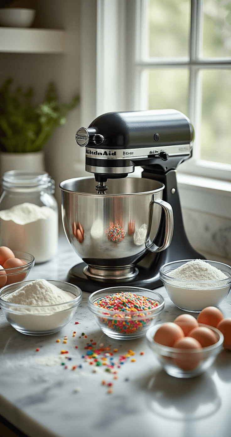 Milkshake-Inspired Birthday Cake: A Sprinkle-Packed Celebration Dessert Close-up of a marbled kitchen counter featuring a KitchenAid stand mixer surrounded by neatly arranged glass bowls of flour, sugar, eggs, and colorful rainbow sprinkles, illuminated by soft natural light.