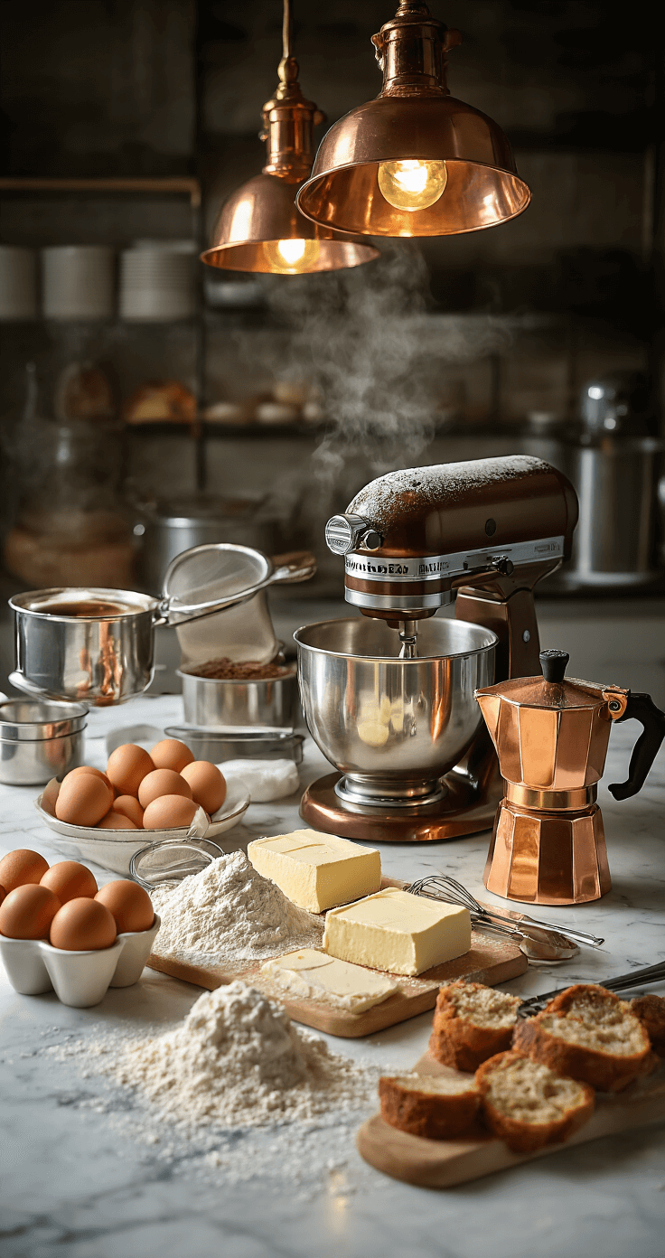 Tiramisu Birthday Cake: The Ultimate Celebration Dessert A professional kitchen with dramatic overhead lighting highlights a marble countertop adorned with fresh eggs, sifted flour, mascarpone blocks, and a steaming copper espresso pot, alongside a gleaming stand mixer and neatly arranged measuring tools, conveying an atmosphere of culinary precision and expertise.