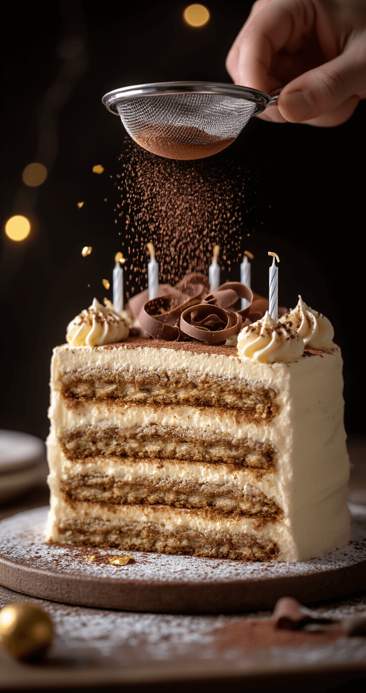 Tiramisu Birthday Cake: The Ultimate Celebration Dessert Close-up of a multi-layered tiramisu birthday cake being decorated, showcasing coffee-soaked layers and cream filling. A chef's hand dusts cocoa powder through a sieve, while chocolate curls and scattered edible gold leaves add elegance. Nearby, a selection of birthday candles is visible in soft, ambient lighting.