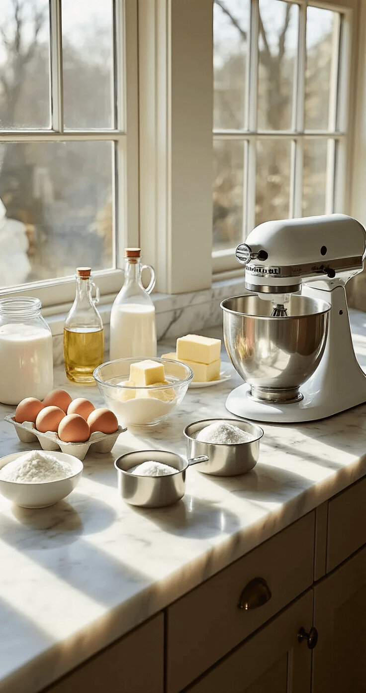 Coconut Cream Birthday Cake: A Tropical Celebration Delight Sunlit kitchen with a marble countertop displaying ingredients for coconut cake, including eggs, softened butter, crystalline sugar, cake flour, and coconut cream, alongside a premium stand mixer and elegant glass bottles of extracts, illuminated by natural morning light.